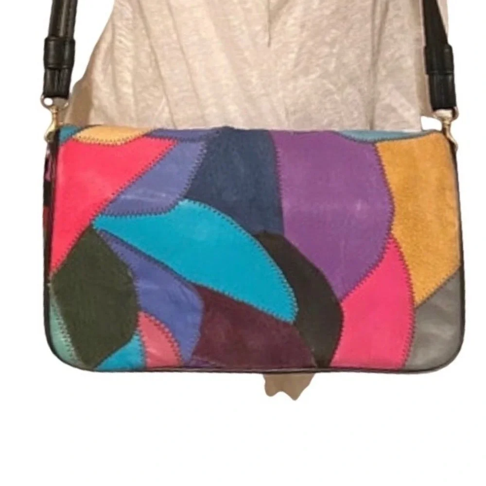 Vtg Style Multicolor Patchwork Leather Suede Crossbody Shoulder Bag Zipper‎ Reto